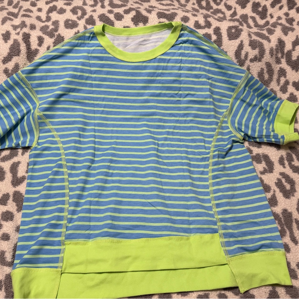 Amazon Women's Striped Short Sleeve Top in Blue and Lime